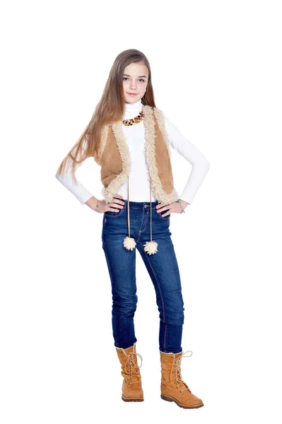 Felice Bambina Jeans Posa Isolata Sfondo Bianco — Foto Stock