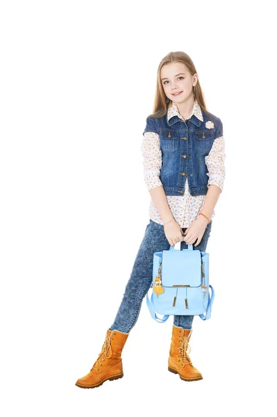 Happy Little Girl Backpack Isolated White Background — Stock Photo, Image