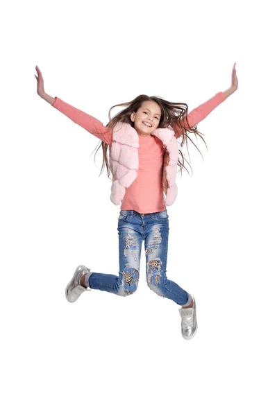 Menina Bonita Jeans Saltando Isolado Fundo Branco — Fotografia de Stock