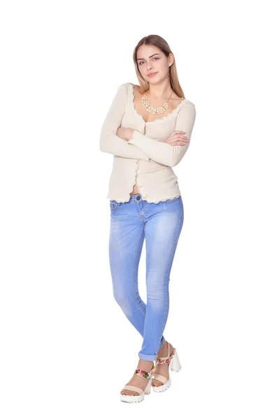 Porträtt Vacker Kvinna Blå Jeans Poserar Isolatet Vit — Stockfoto