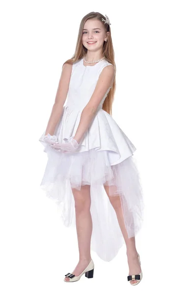 Bonne Petite Fille Costume Carnaval Posant Isolé Sur Fond Blanc — Photo