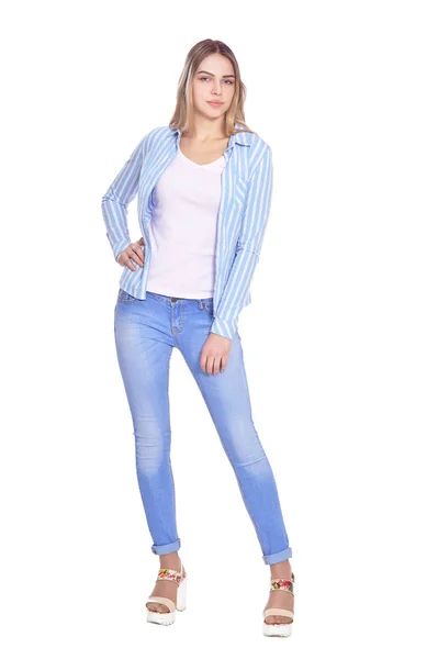 Retrato Mulher Bonita Jeans Azul Posando Isolado Branco — Fotografia de Stock