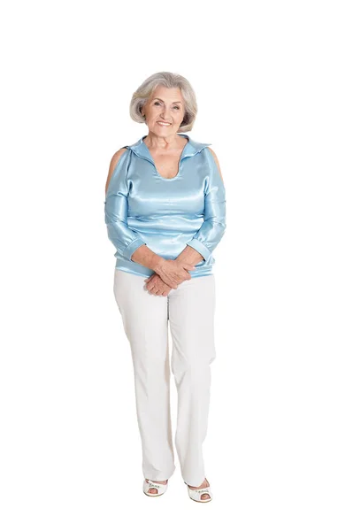 Full Length Happy Senior Woman Posing Isolated White — Stock Photo, Image