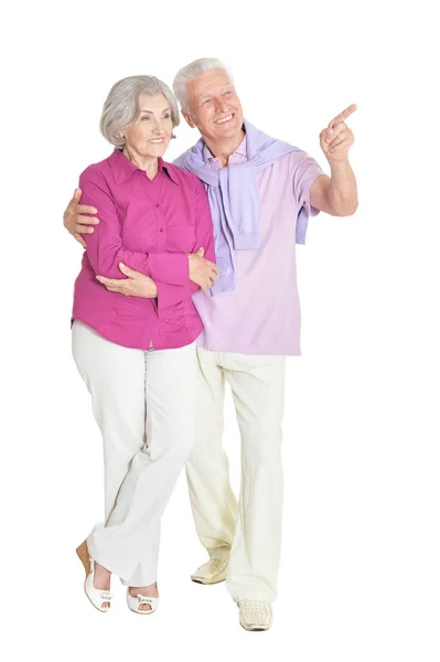 Portrait Senior Couple Pointing Isolated White Background — Stock Photo, Image