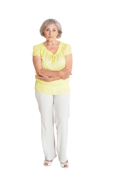 Larga Duración Mujer Mayor Feliz Posando Aislado Blanco — Foto de Stock