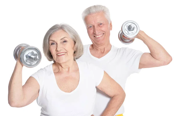 Actieve Glimlachend Senior Paar Uit Oefenen Wit Wordt Geïsoleerd — Stockfoto