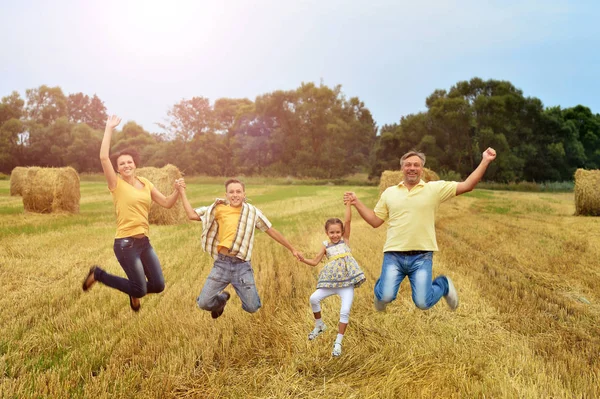 Buğday tarlasında mutlu bir aile — Stok fotoğraf