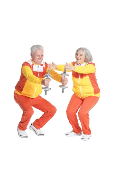 Active Smiling Senior Couple Exercising Isolated White — Stock Photo, Image