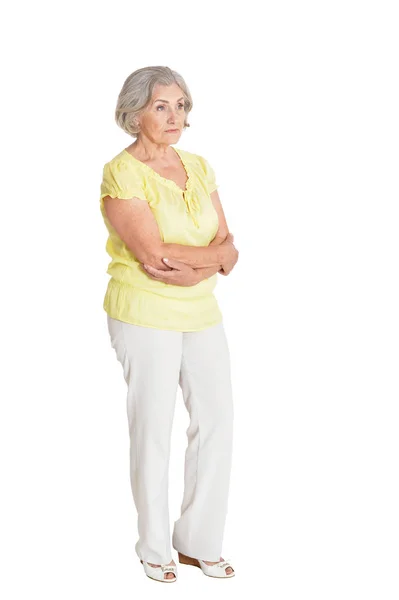 Piena Lunghezza Felice Donna Anziana Posa Isolato Bianco — Foto Stock