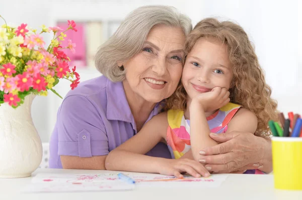 Cute Curly Schoolgirl Studying Grandmother Her Room — Stock Photo, Image