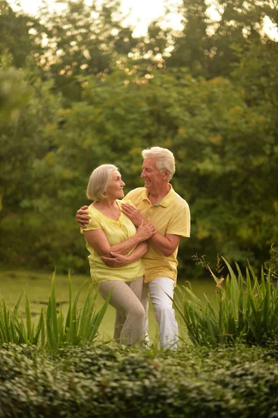 Happy Senior Couple Smiling Hugging Outdoors — Stock Photo, Image