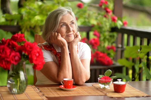 Portrait Happy Aged Woman Drinking Coffee — Stock Photo, Image