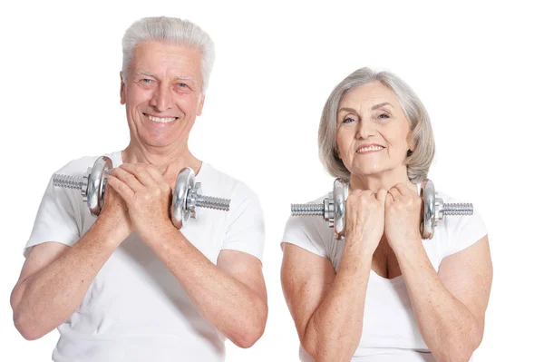 Aktivní Usmívající Starší Pár Cvičení Izolované Bílém — Stock fotografie