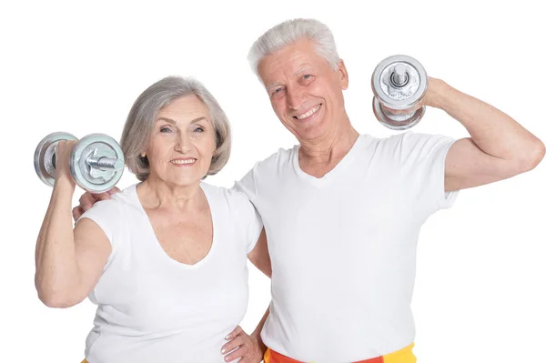 Couple Âgé Souriant Actif Faisant Exercice Isolé Sur Blanc — Photo