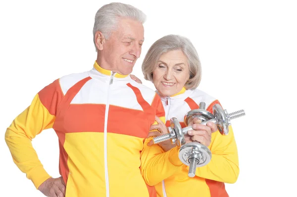 Active Smiling Senior Couple Exercising Isolated White — Stock Photo, Image