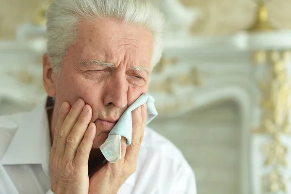 Senior Man Having Toothache Holding Handkerchief Cheek — Stock Photo, Image