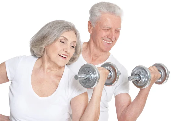 Active Smiling Senior Couple Exercising Isolated White — Stock Photo, Image