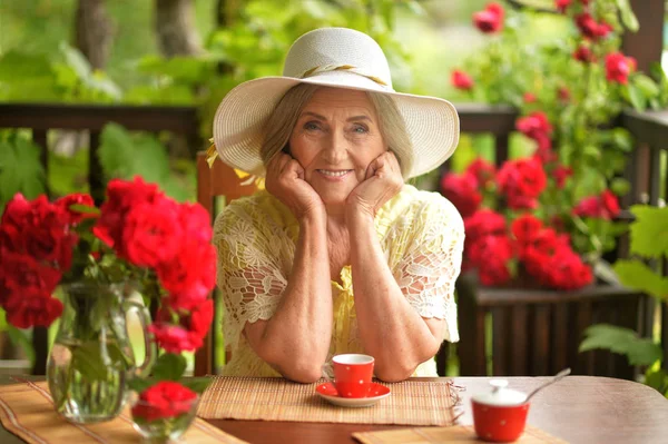 Portrait Happy Aged Woman Drinking Coffee — Stock Photo, Image