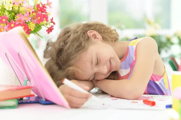 Onun Odasına Ödev Sonra Uyumak Yorgun Kız Öğrenci — Stok fotoğraf