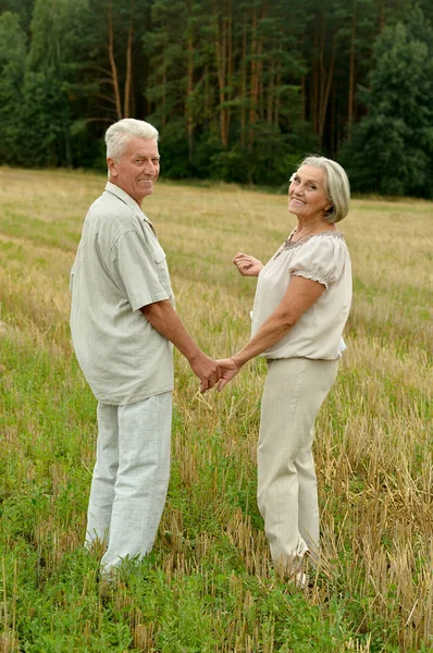 Seniorenpaar ruht sich auf Sommerfeld aus — Stockfoto