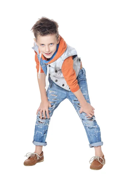 Leuke Jongen Die Zich Voordeed Geïsoleerd Witte Achtergrond — Stockfoto