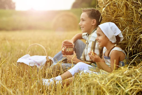 Niños con leche y buñuelos en el campo —  Fotos de Stock