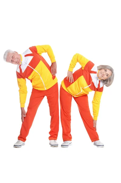 Active Senior Couple Exercising Isolated White — Stock Photo, Image