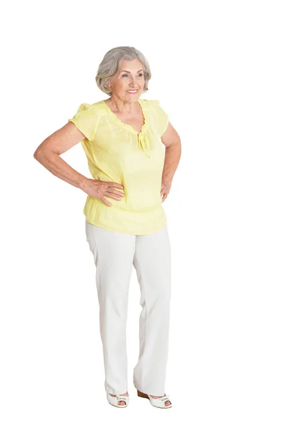 Full Length Happy Senior Woman Posing Isolated White — Stock Photo, Image