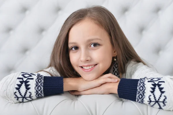 Portrait Cute Girl Posing Sofa — Stock Photo, Image