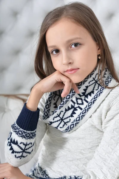 Portrait Cute Girl Posing Sofa — Stock Photo, Image