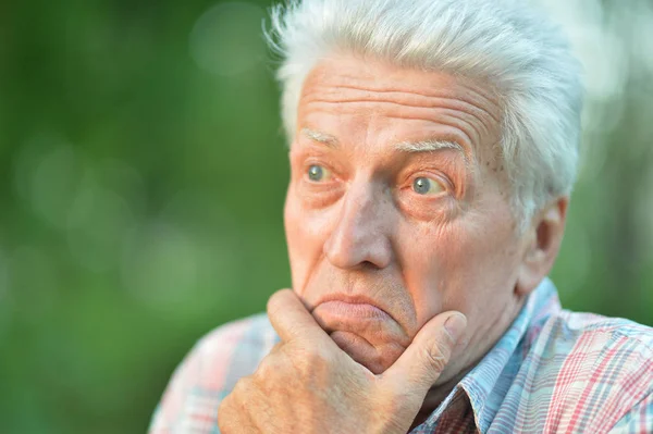Portret Rozważny Człowiek Starszy Ręką Podbródek Parku — Zdjęcie stockowe