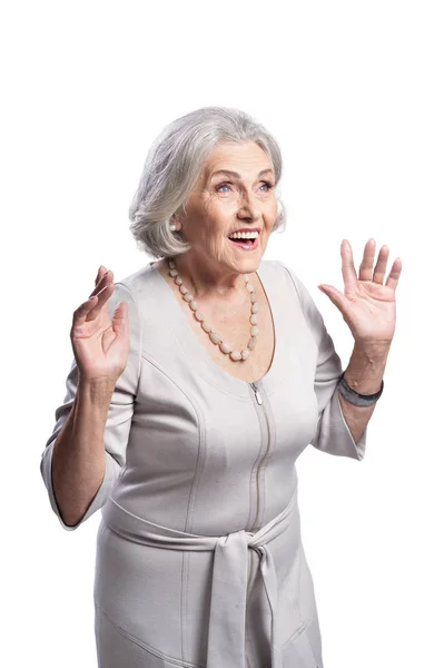 Retrato Una Hermosa Mujer Mayor Posando Aislada Sobre Fondo Blanco —  Fotos de Stock