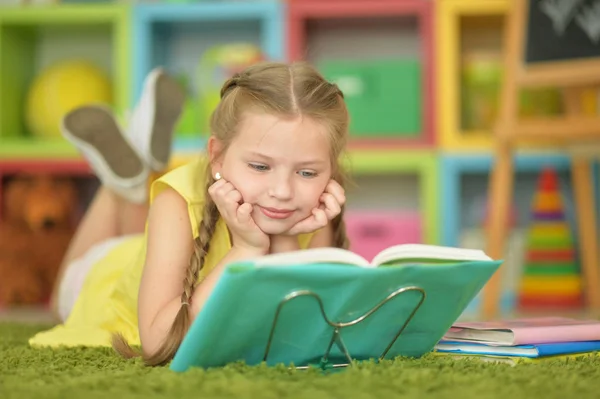 Cute Happy Schoolgirl Studying Home — Stock Photo, Image