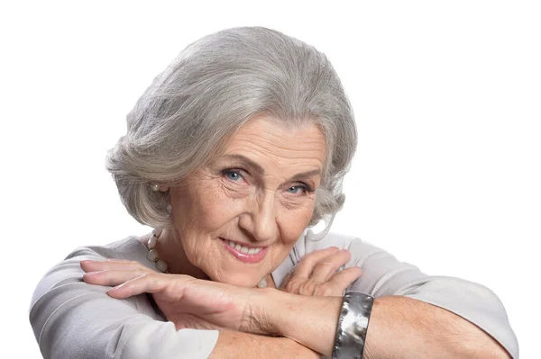 Ritratto Bella Donna Anziana Posa Isolata Sfondo Bianco — Foto Stock