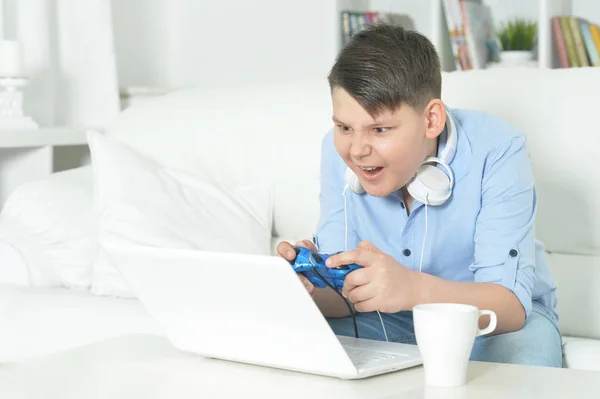 Emotional Boy Playing Computer Game Laptop — Stock Photo, Image