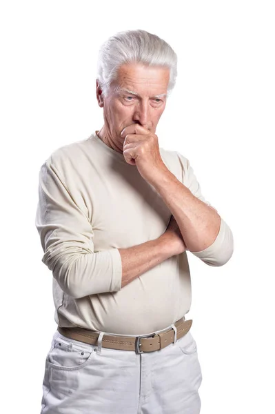 Retrato Homem Idoso Pensativo Isolado Fundo Branco — Fotografia de Stock