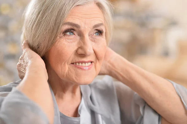 Close Portrait Beautiful Senior Woman Posing Home — Stock Photo, Image