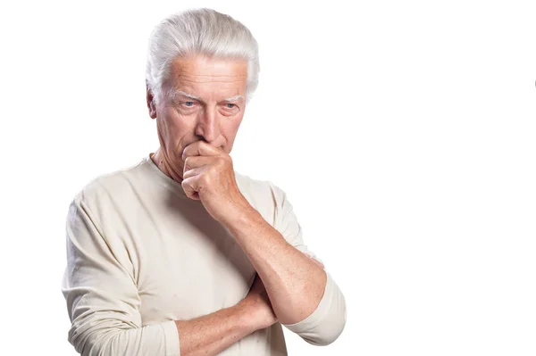 Portret Van Doordachte Senior Man Geïsoleerd Witte Achtergrond — Stockfoto