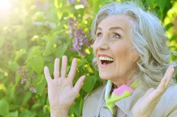 Leende Äldre Kvinna Poserar Sommaren Park — Stockfoto