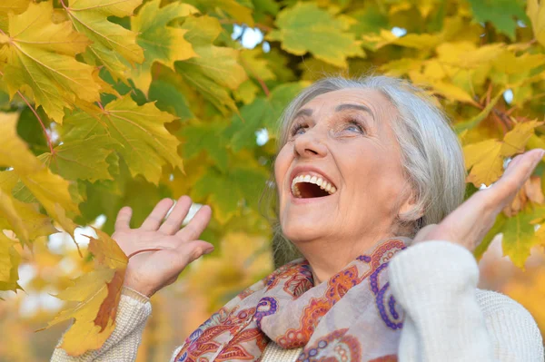 Happy Beautifil Elderly Woman Posing Park — Stock Photo, Image