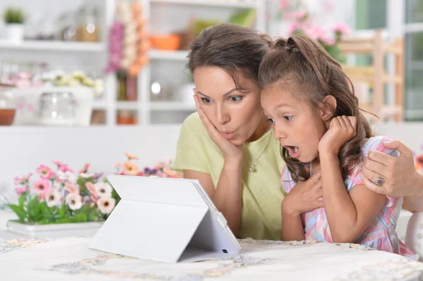 Sorprendido Madre Hija Usando Tableta Moderna — Foto de Stock