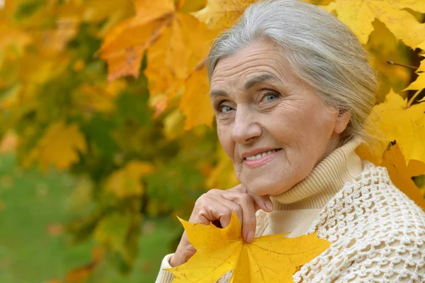 Felice Beautifil Donna Anziana Posa Nel Parco — Foto Stock