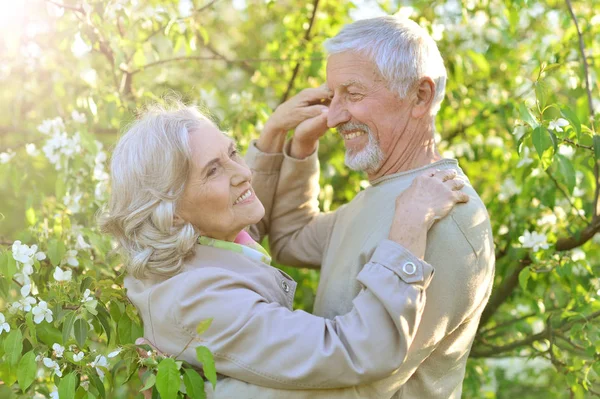 Porträt Eines Glücklichen Seniorenpaares Das Frühlingspark Ruht — Stockfoto