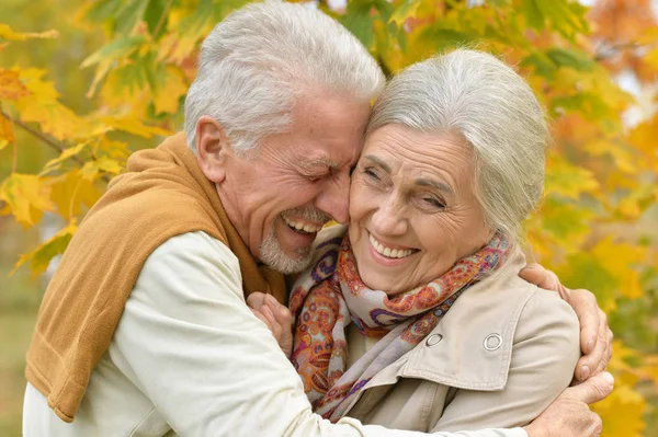 Feliz Pareja Ancianos Parque Otoño —  Fotos de Stock