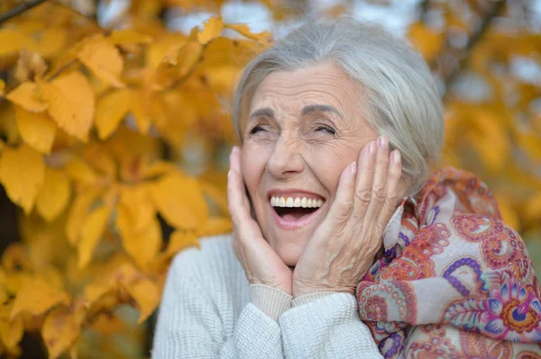 Felice Beautifil Donna Anziana Posa Nel Parco — Foto Stock