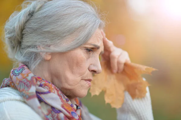 Triste Anciana Parque Otoño —  Fotos de Stock