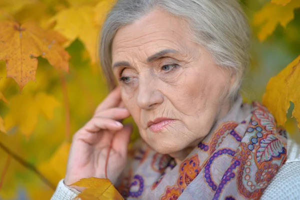Sorgliga Senior Kvinna Höst Park — Stockfoto