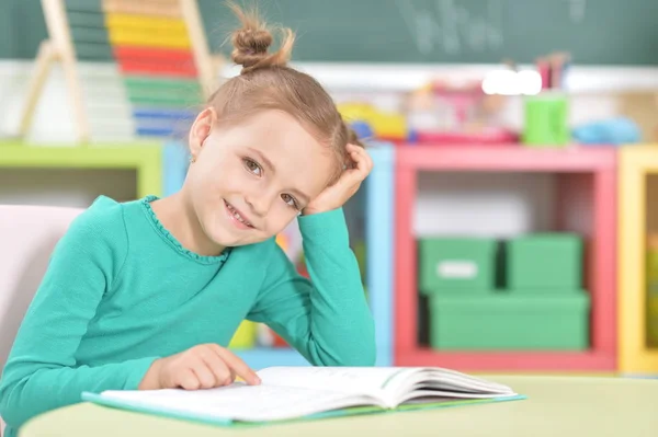 Cute Happy Schoolgirl Studying Home — Stock Photo, Image