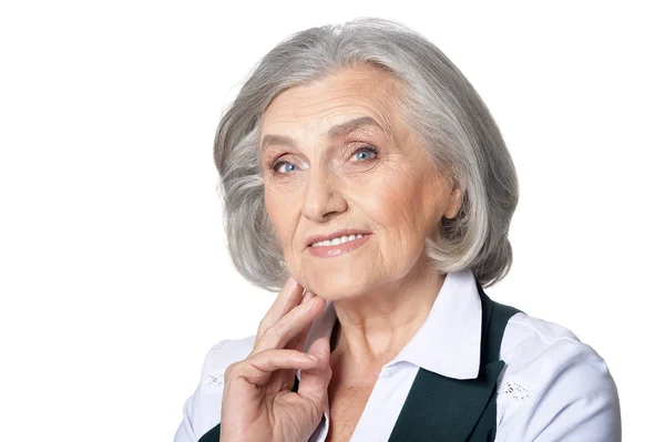 Retrato Una Hermosa Mujer Mayor Posando Aislada Sobre Fondo Blanco —  Fotos de Stock