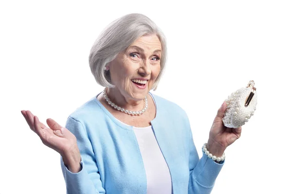 Портрет Красивой Пожилой Женщины Позирующей Кошельком Белом Фоне — стоковое фото